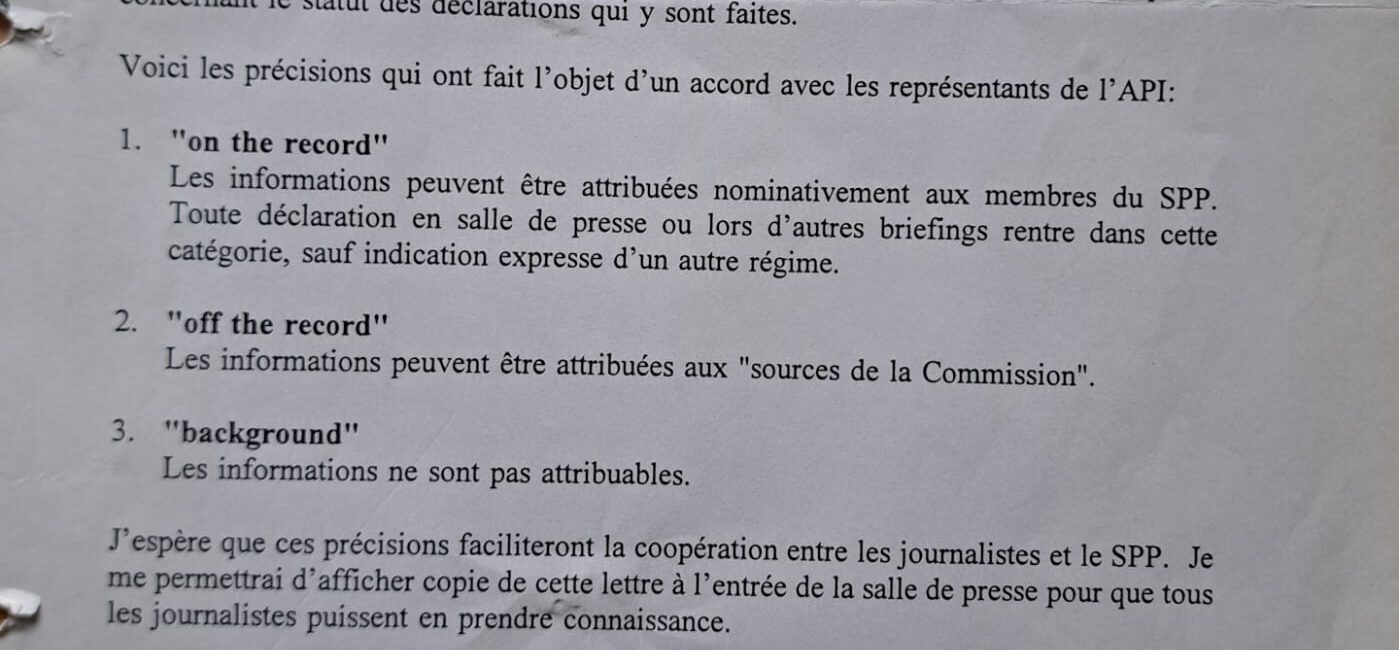 ©API-IPA. Courtesy of Michael Stabenow. We now use on, off and background automatically. But it was API that secured those rules in 1995 — one example of how the foreign correspondents' association has quietly worked to improve journalists' working conditions in Brussels.