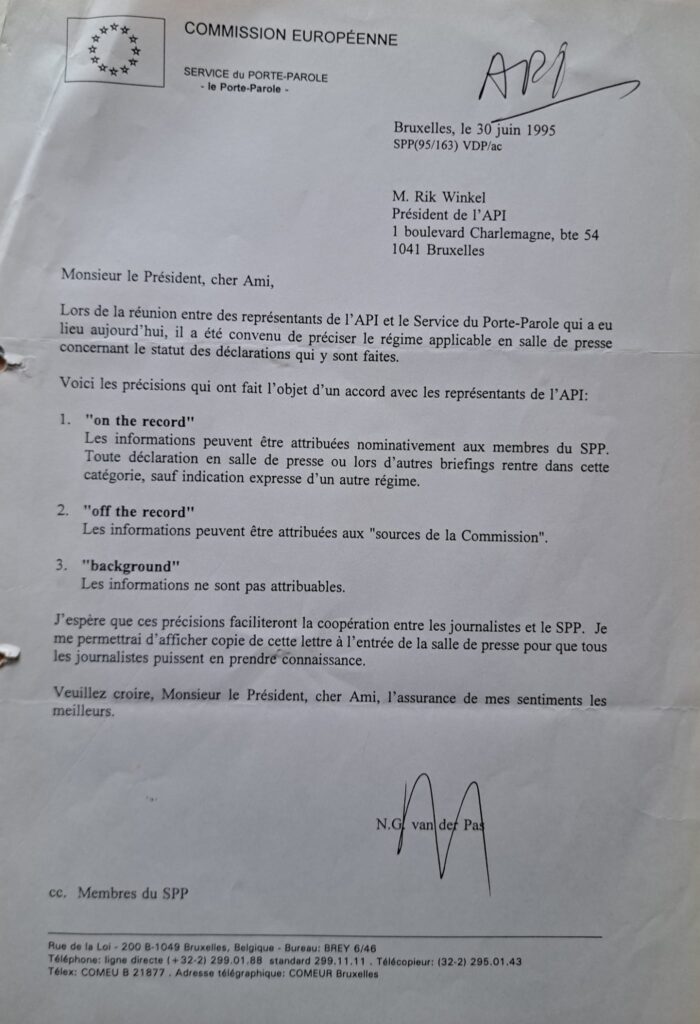 ©API-IPA. Courtesy of Michael Stabenow. We now use on, off and background automatically. But it was API that secured those rules in 1995 — one example of how the foreign correspondents' association has quietly worked to improve journalists' working conditions in Brussels.